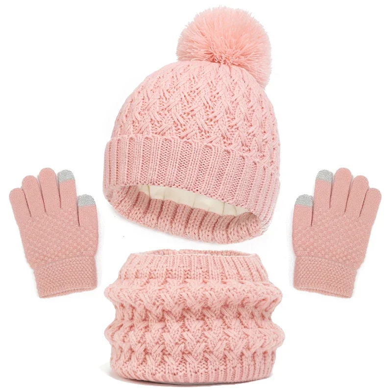 Childrens Hat Scarf Gloves Set Winter Boys Girls Plush Thick Knit Hat with Pompom Outdoor Cold-proof Cap Scarves Neck Kids Gift