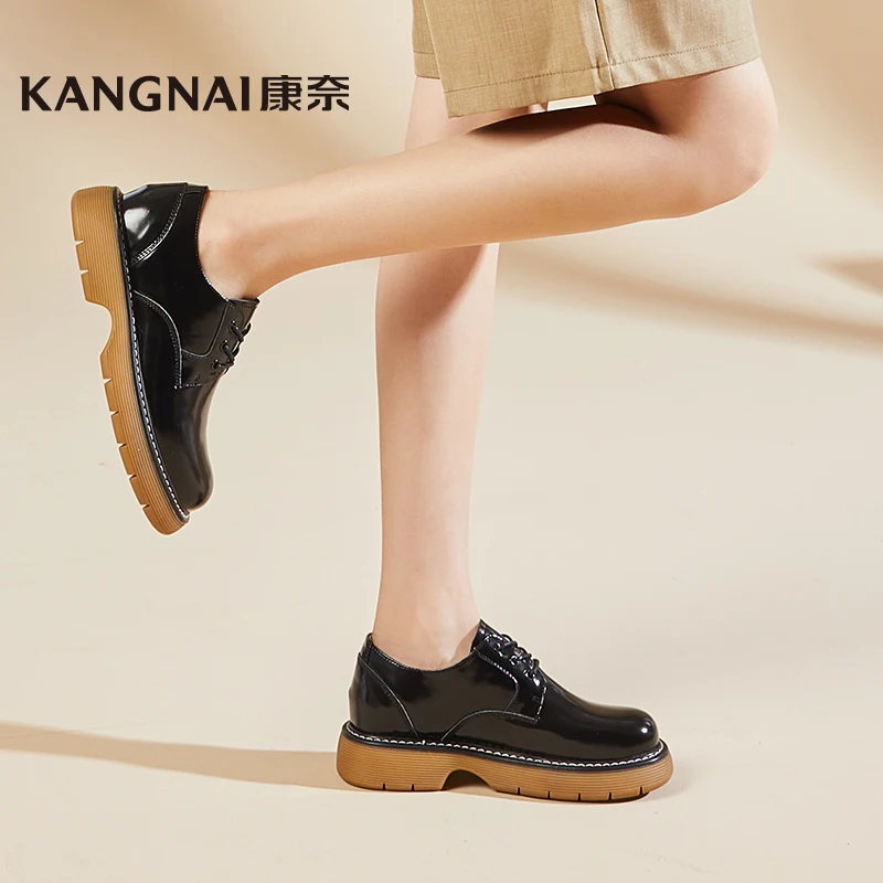 

Kangnai Oxfords Women Cow Leather Shoes Lace-Up Round Toe Platform Flats Ladies Retro Chunky Heels Loafers