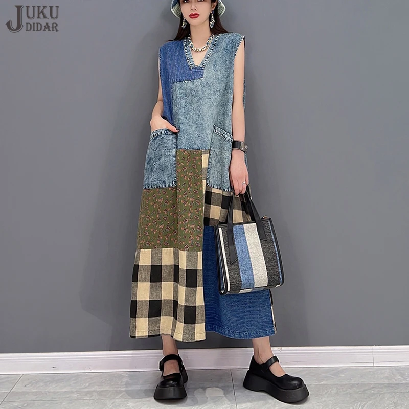 Patchwork Sleeveless V-Neck Mini Dress Female Elegant Pocket Fashion Slim Vintage High Waist Dress Summer Women Dress New