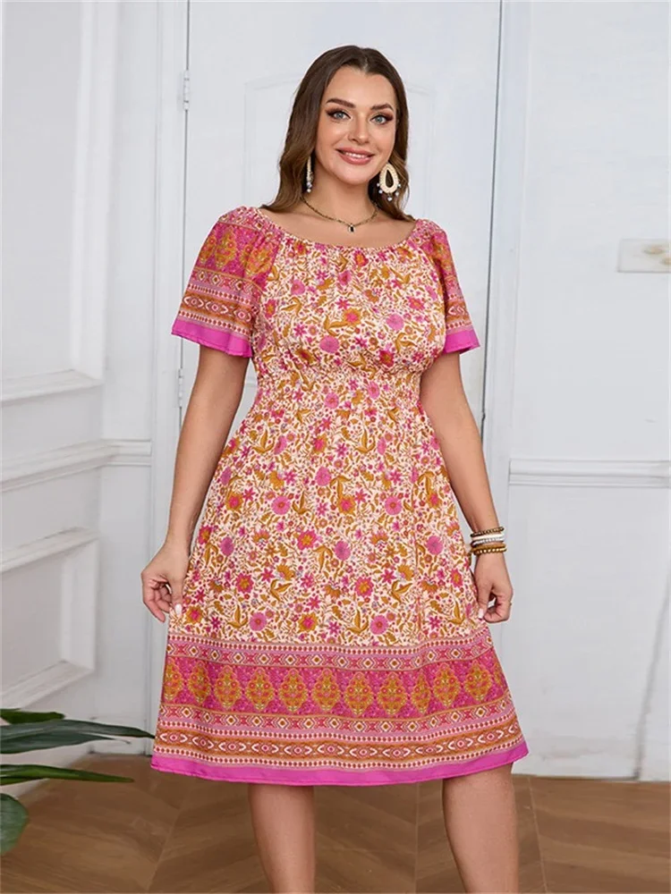 Wmstar Plus Size Dresses for Women Froral Print Short SleeveStretch Elegant Long Dress Summer Clothes Wholesale Dropshipping