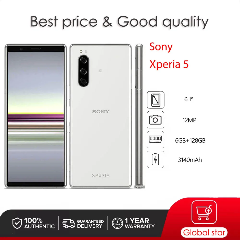 Оригинальный разблокированный телефон Sony Xperia 5 J8210 J9210, телефон с восьмиядерным процессором Snapdragon, 6,1 дюйма, 128 ГБ, 6 ГБ, 12 МП, смартфон со сканером отпечатков пальцев