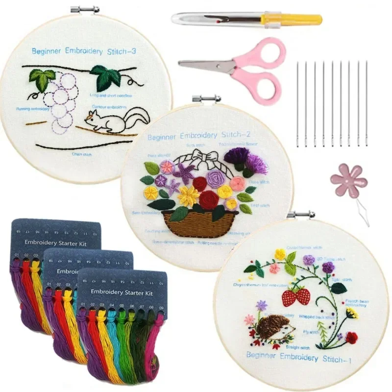 Embroidery Starter Kit for Beginners Adults 3 Sets Easy Stamped with Hoop Stitch Practice Set Gift for Hand Craft Lover