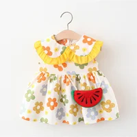 Summer Baby Cute Dress 2 Piece Set Girls' Printed Sleeveless Skirt+Cartoon Bag Toddler Comfortable Cotton Loose Fitting Clothes 3