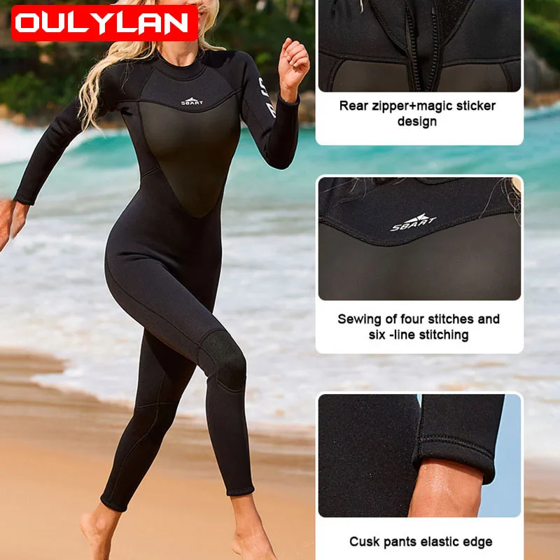 

Женский неопреновый гидрокостюм Oulylan 3 мм с молнией сзади и длинным рукавом, цельный костюм для дайвинга, женская одежда для серфинга, плавания и Сноркелинга