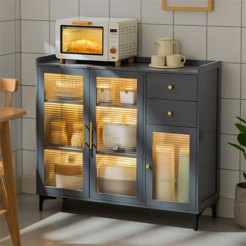 Multi-functional Sideboard Floor-standing Kitchen Cabinets Dishes Microwave Storage Rack Dust-proof Tableware Storage Cabinet W