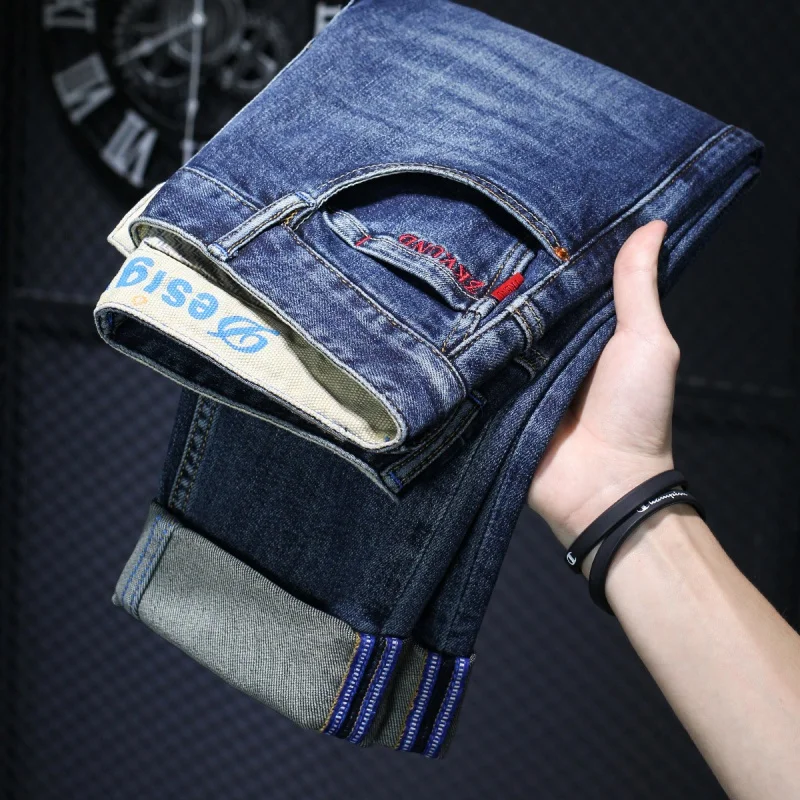 2024 New Retro Trendy Blue Jeans Men's High-End Washed Letter Printing Slim-Fitting Small Straight Long Pants