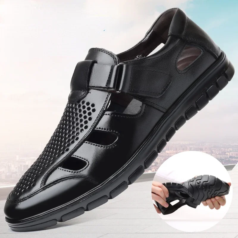 Men Summer Leather Sandals Cozy Hollow Non-slip Soft Lighted Breathable All-match Wearable Fashion Work Shoes