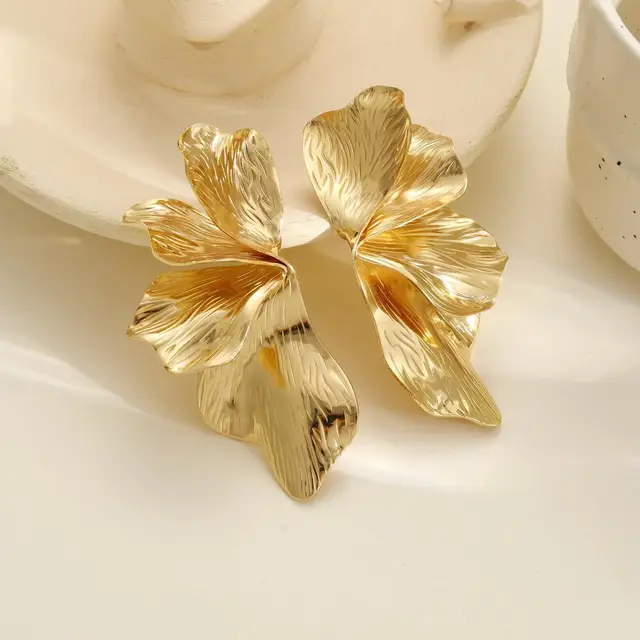 Boucles d'oreilles dorées en acier inoxydable pour femmes, Double couche, fleur à cinq pétales, Vintage, rayures, fleur, bijoux cadeaux