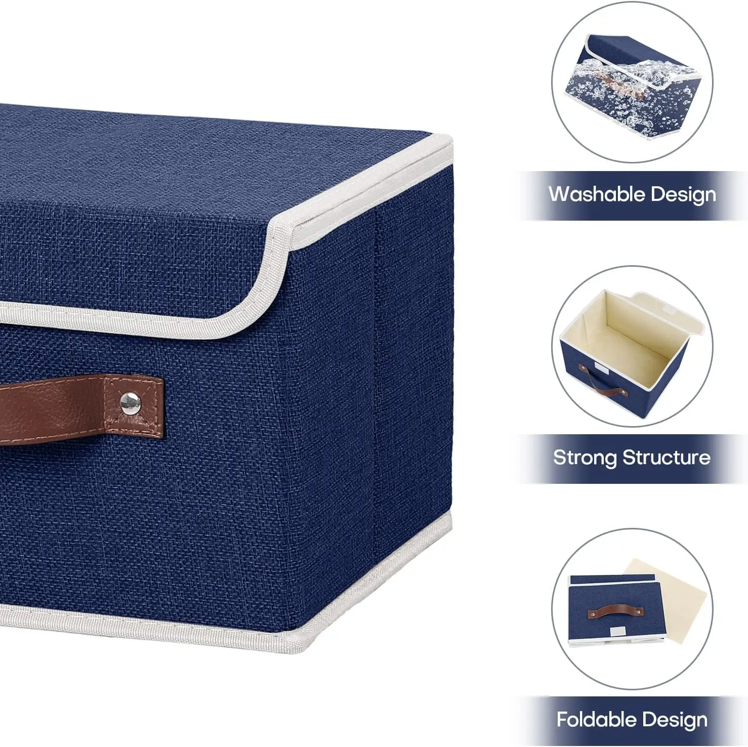 4PCS Storage Bins with Lid PU Leather Handles Storage Boxes PP Plastic Board Decorative Foldable Lidded Cotton Linen Fabric Home 4