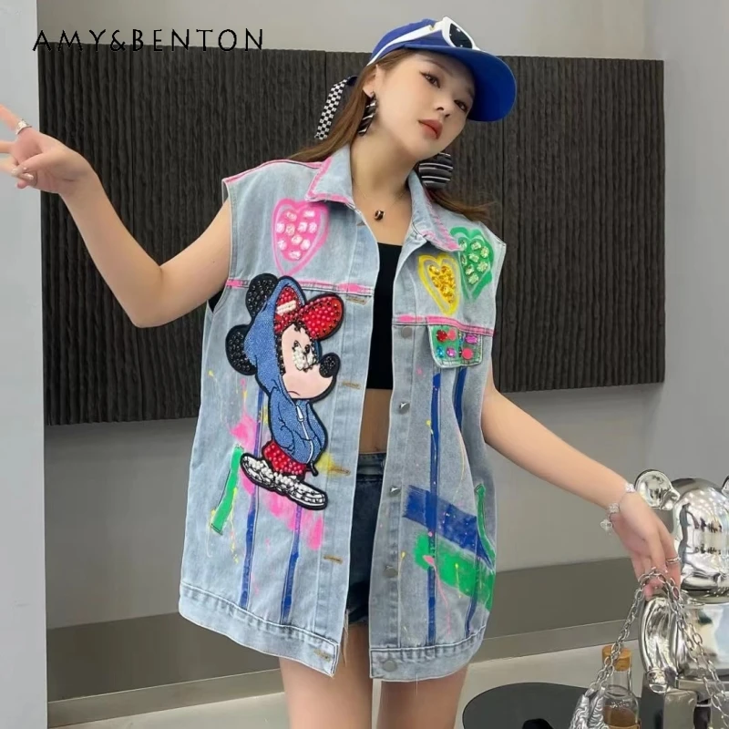 Potdemiel Fashionable 2024 New Exquisite Rhinestone Vest Sequined Design Sleeveless Loose Denim Jacket Women's Waistcoat Outwear 2023men s jeans rhinestone large size belt women s belt western denim shiny rivet design leather hiphop punk rock y2k style belt