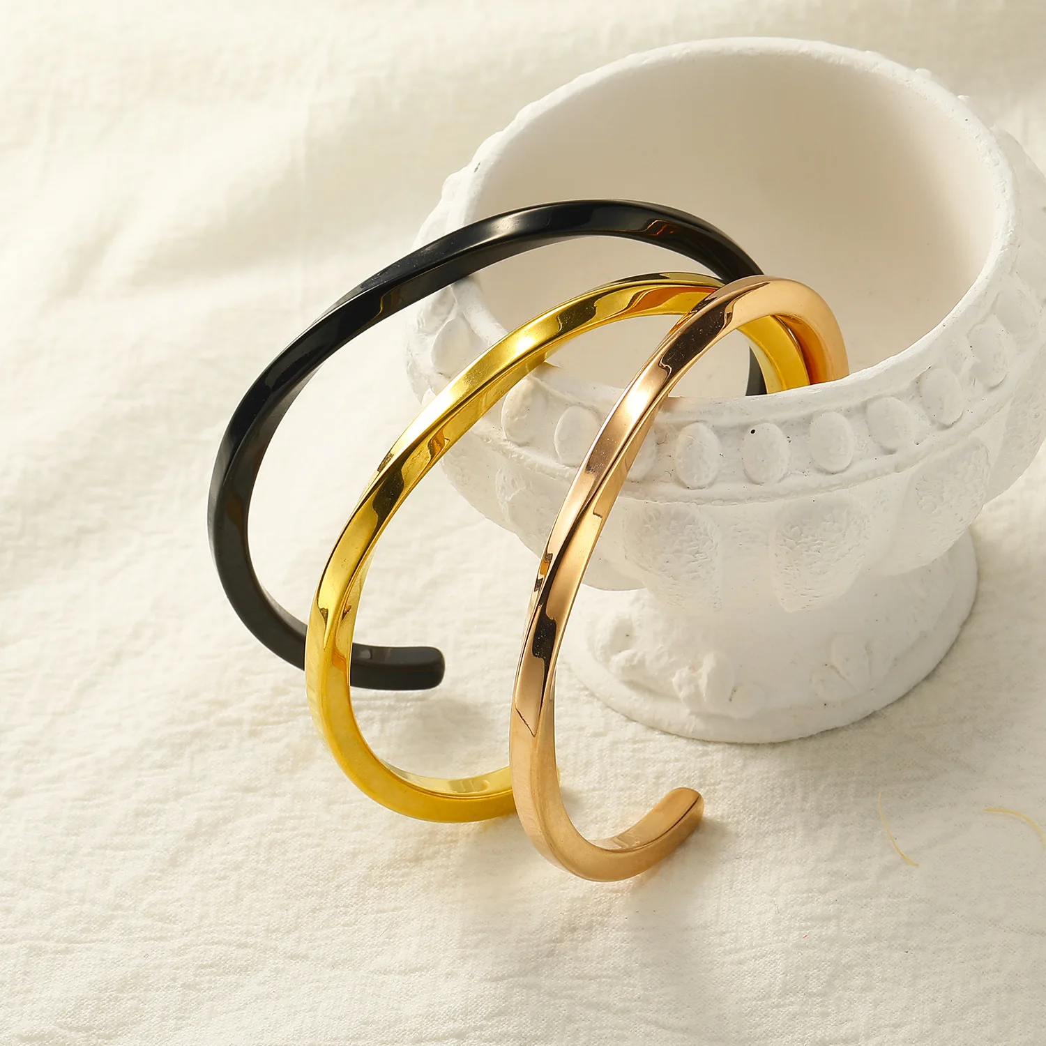 Minimalist Polished Twisted Bangle Opening Stainless Steel Waterproof Rust Proof Women's Bracelet Birthday Gifts Punk Jewelry