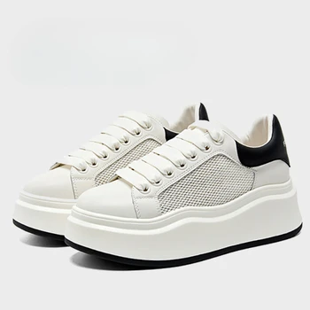 Thick-Platform Height Increasing Board Shoes for Women's Summer Hollow Breathable Sneakers Comfortable Casual Sports White Shoes