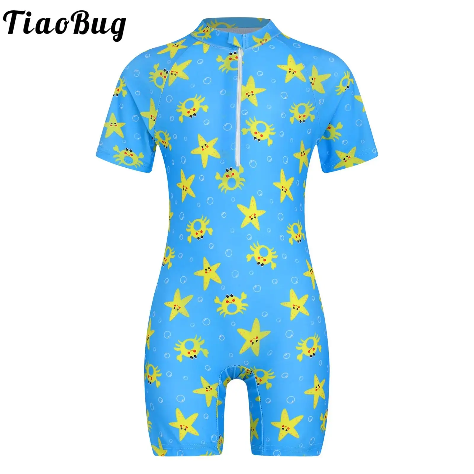 

One-piece Kids Girls Athletic Swimsuit Jumpsuit Short Sleeve Catroon Print Boyleg Zipper Swimwear for UPF 50+ Beach Bathing Suit