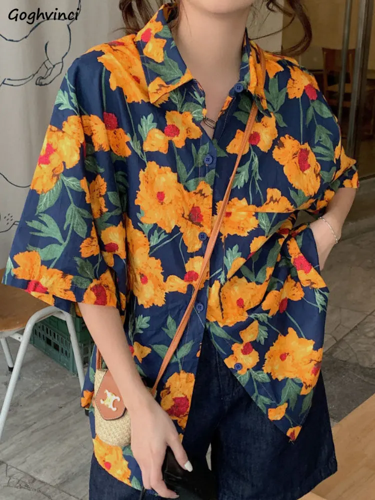 

Shirts Women Floral Turn Down Collar Fashion Half Sleeve Summer Vintage Casual Aesthetic Loose Cozy Breathable Female All-match