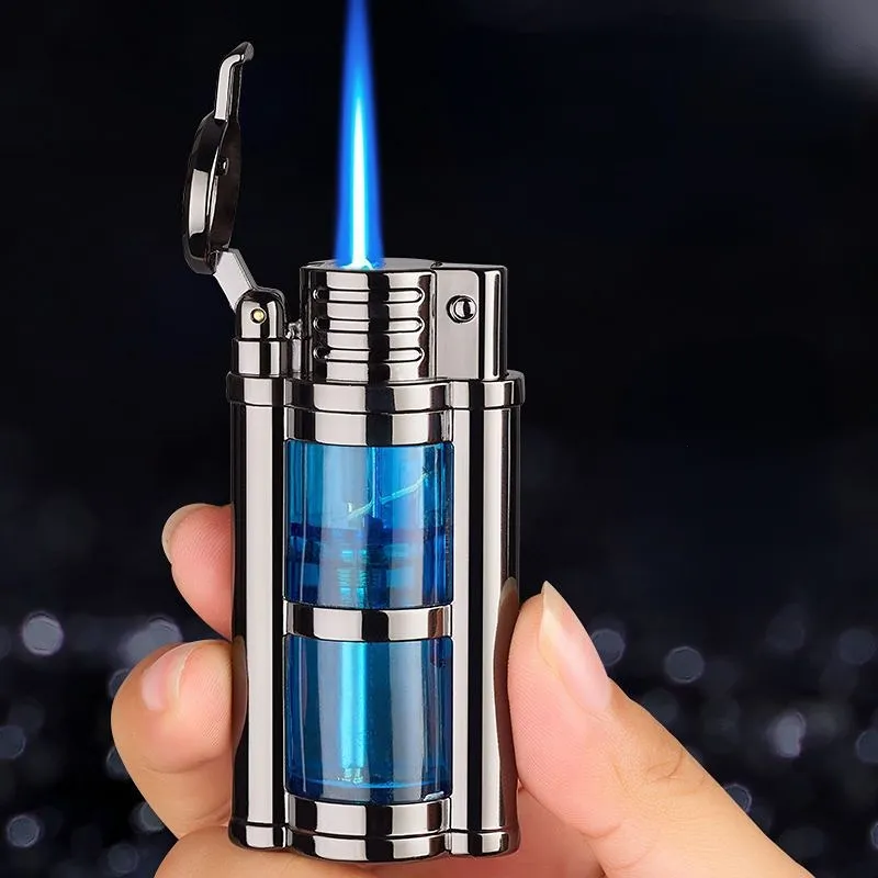 2023 New Transparent Visible Fuel Bin Torch Windproof Butane Lighter Men's Gift Cigarette Accessories Cigar Igniter