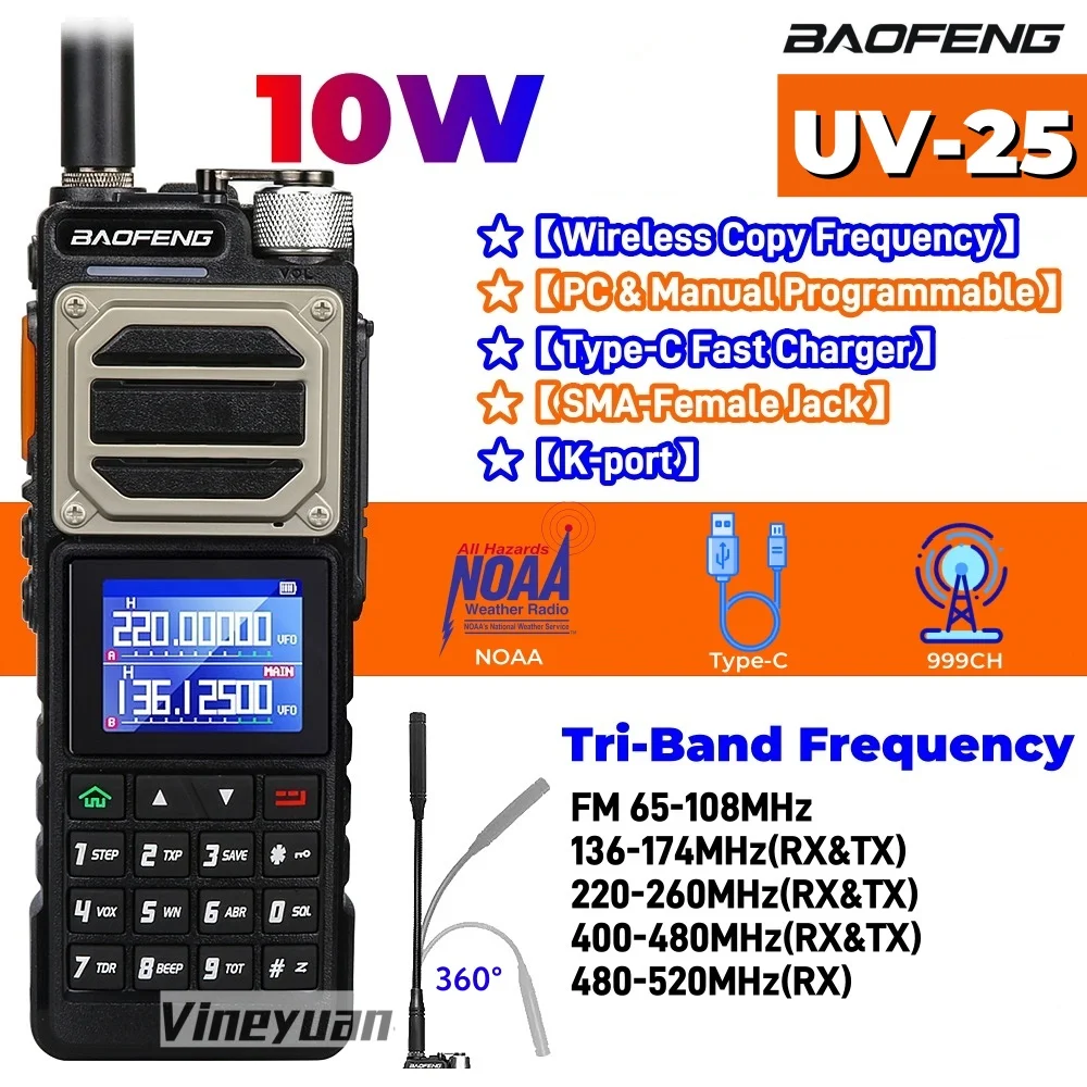 

Baofeng UV-25 10W Walkie Talkie Tri Band Wireless Copy Frequency NOAA Type-C Charger FM Long Range High Power Ham Two Way Radio