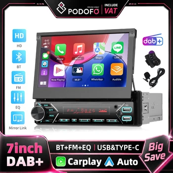 Podofo Reproductor MP5 para Auto de 7 Pulgadas con Pantalla Táctil HD Retráctil, Carplay Inalámbrico, Android Auto, Mirror Link con Cable, Radio FM, BT, EQ, Tipo-C, Reproductor Multimedia de Video, Control del Volante, Compatible con DAB y Cámara de Visión Trasera, Radio Estéreo para Auto 1
