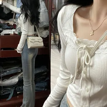 Gyaru 순수한 욕망 스타일 레이스 긴 소매 셔츠 여성 의류 가을 새로운 슬림 핏 슬리밍 디자인 감각 하단락