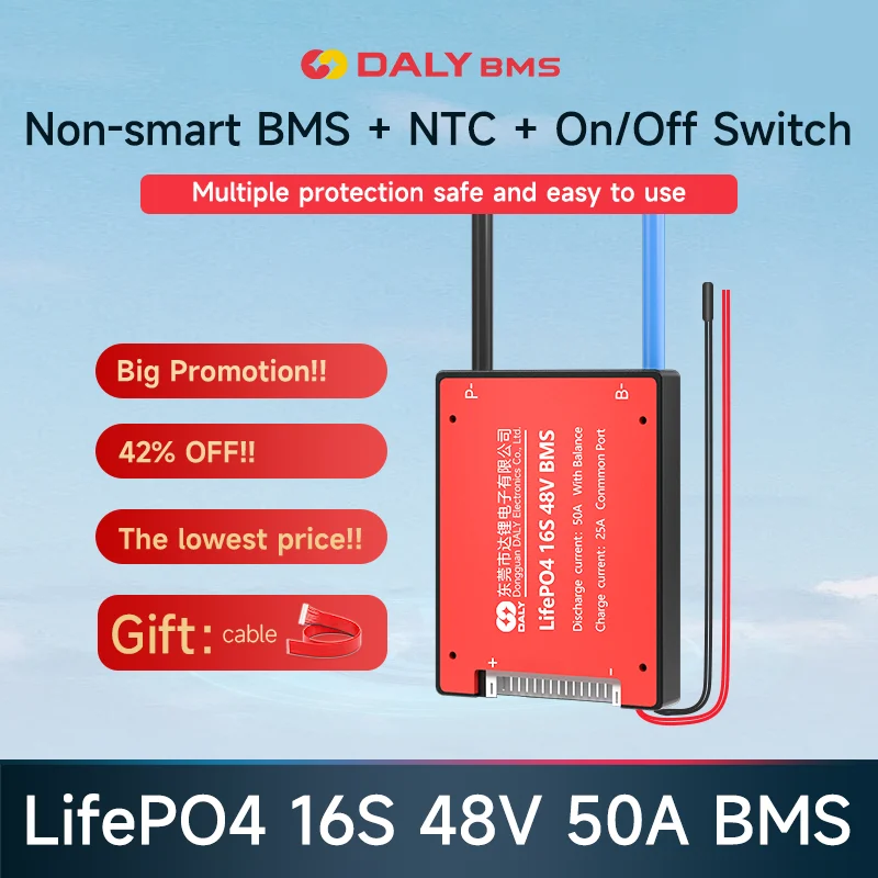 DALY LIFEPO4 16S BMS 48V 50A with NTC ON/OFF Switch For 18650 3.2V Battery