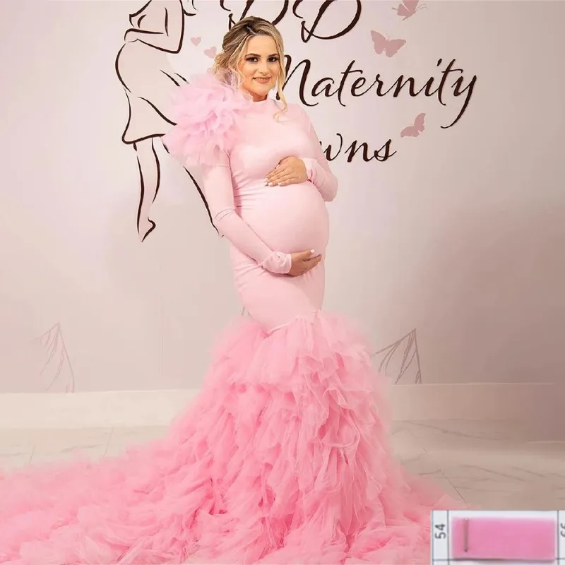 

Chic Pink Maternity Dresses Long Sleeve Ruffle Maternity Gown For Photoshoot Boudoir Lingerie Bathrobe Nightwear Baby Shower