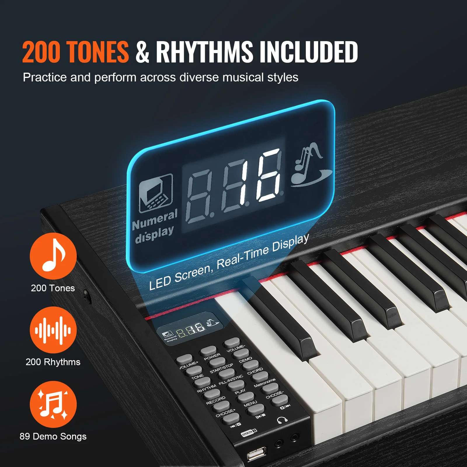 Weighted Digital Piano Keyboard with Dual Mode and 200 Tones