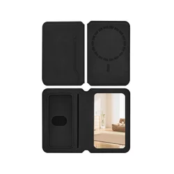 Sleek Magnetic Leather Wallet and Card Holder with Built - in Makeup Mirror (Black)