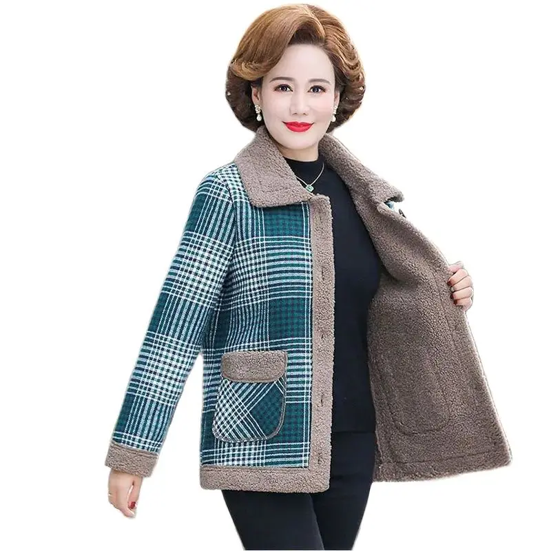 Mother Autumn Lambswool Coat Middle-aged Ladies Fashion Autumn And winter Granular Velvet Plaid Loose Fur One Warm Coat Woman5XL