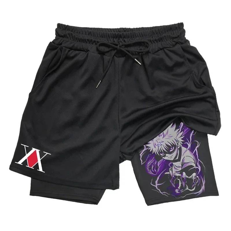 Mens 2-in-1 Athletic Gym Shorts Anime Hunter X Hunter Print Quick Dry Stretchy Active Shorts Fitness Workout Running Sportswear 4