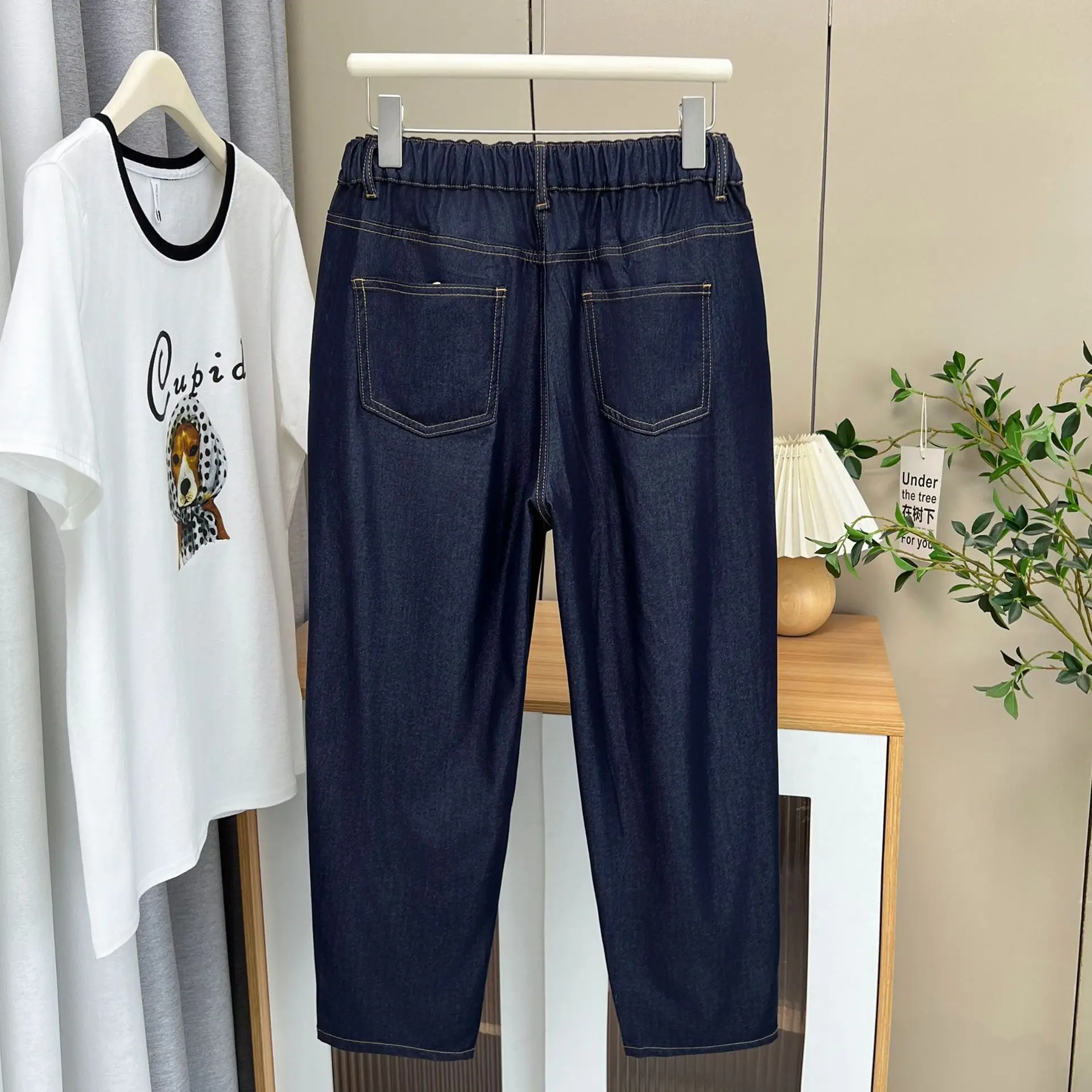 Summer Casual Thin Lyocell Denim Harem Pants Plus Size Women Premium Asymmetrical Leg Opening Design Ankle Style Jeans 109