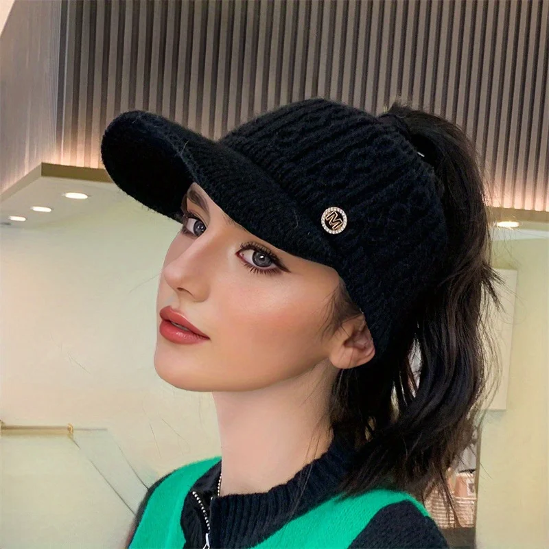 1pc Knitted Elastic Ponytail Baseball Cap, Autumn and Winter Warm Woolen Cap, Empty Top Cap, Outdoor Sports Cap, Warm Cap