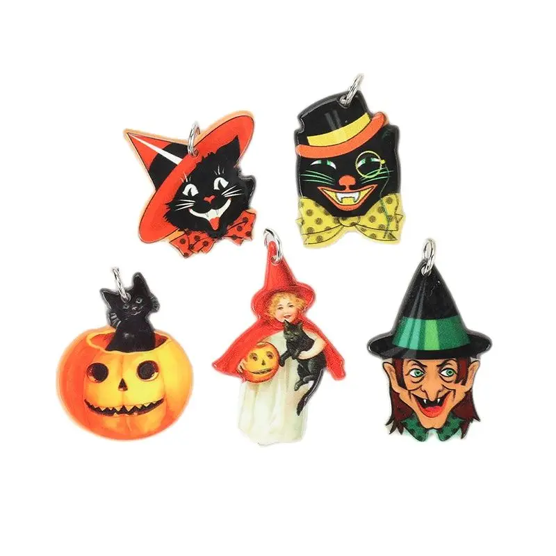 10pcs Vintage Halloween Charms Creative Acrylic Pumpkins Black Cat