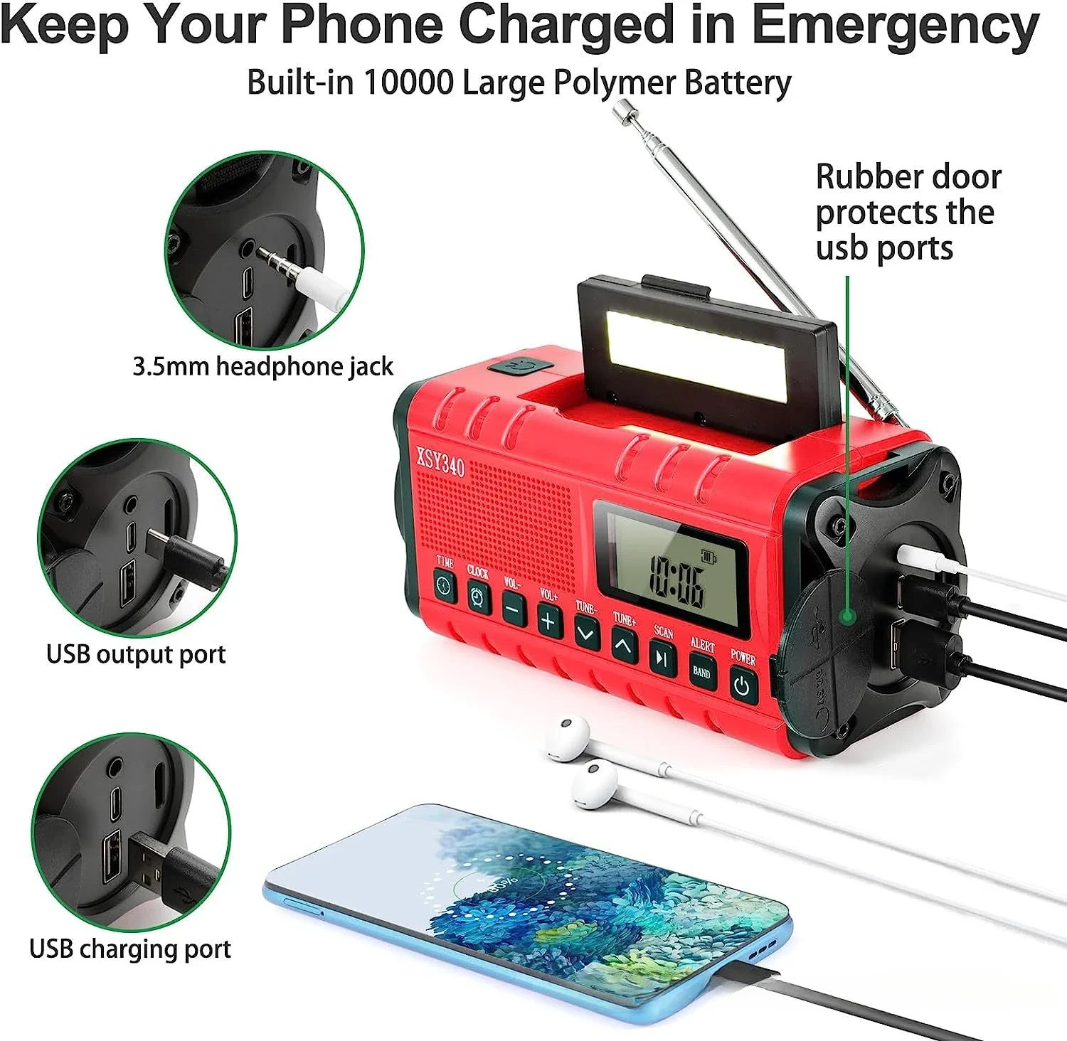 Waterproof 10000mAh Weather Radio Solar Hand Crank Emergency Radio AM/FM/SW/NOAA Alert Portable Radio with Flashlight Reading