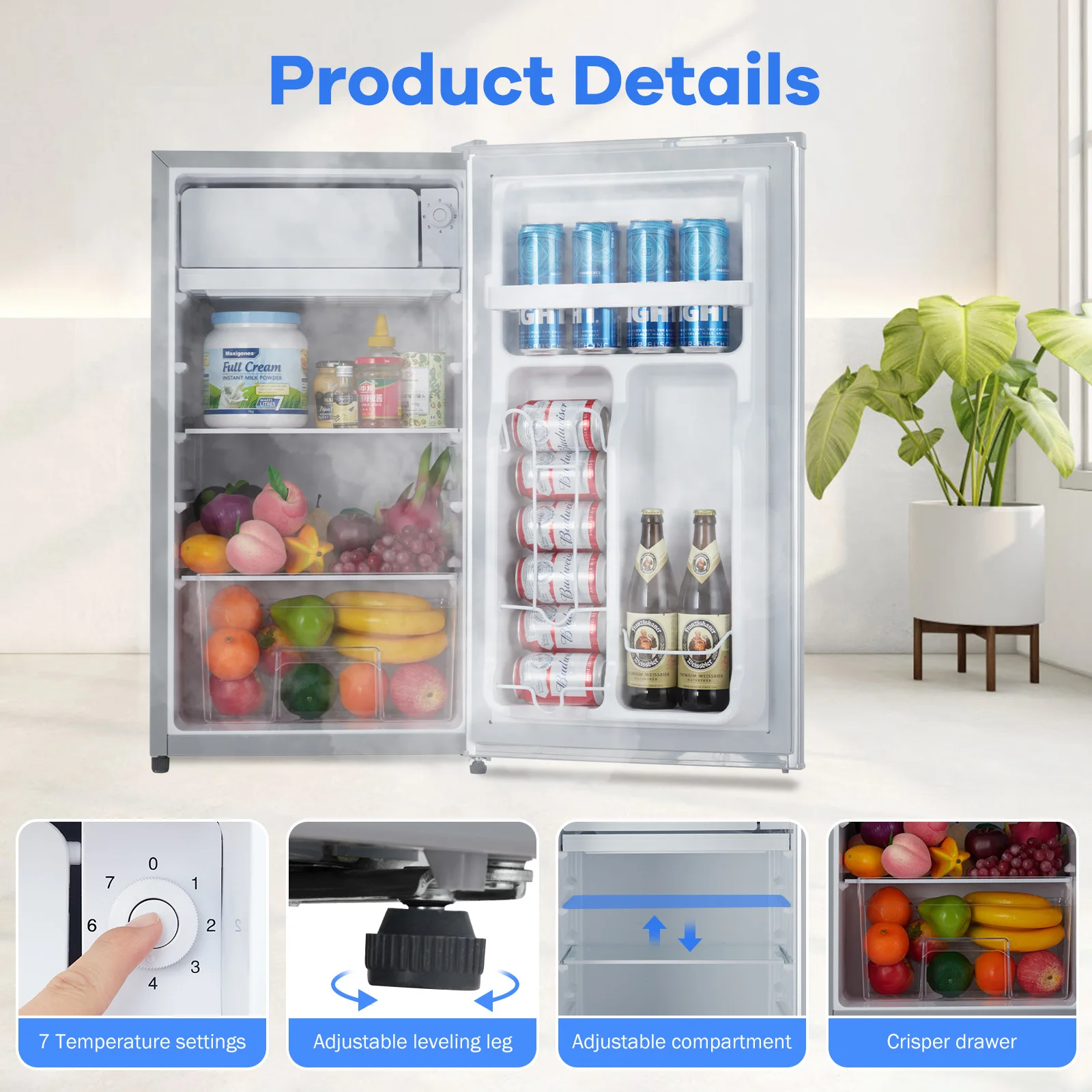 3.2 Cu. Ft Single Door Mini Fridge, Compact Mini Fridge With Freezer Temperature Adjustable Refrigerator With Removeble Shelves