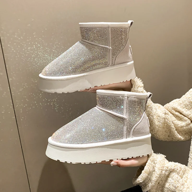 

Boots Women New 2023 Flat Heel Shoes Crystal Round Toe Winter Footwear Australia Rubber Rhinestone Med Ladies Snow