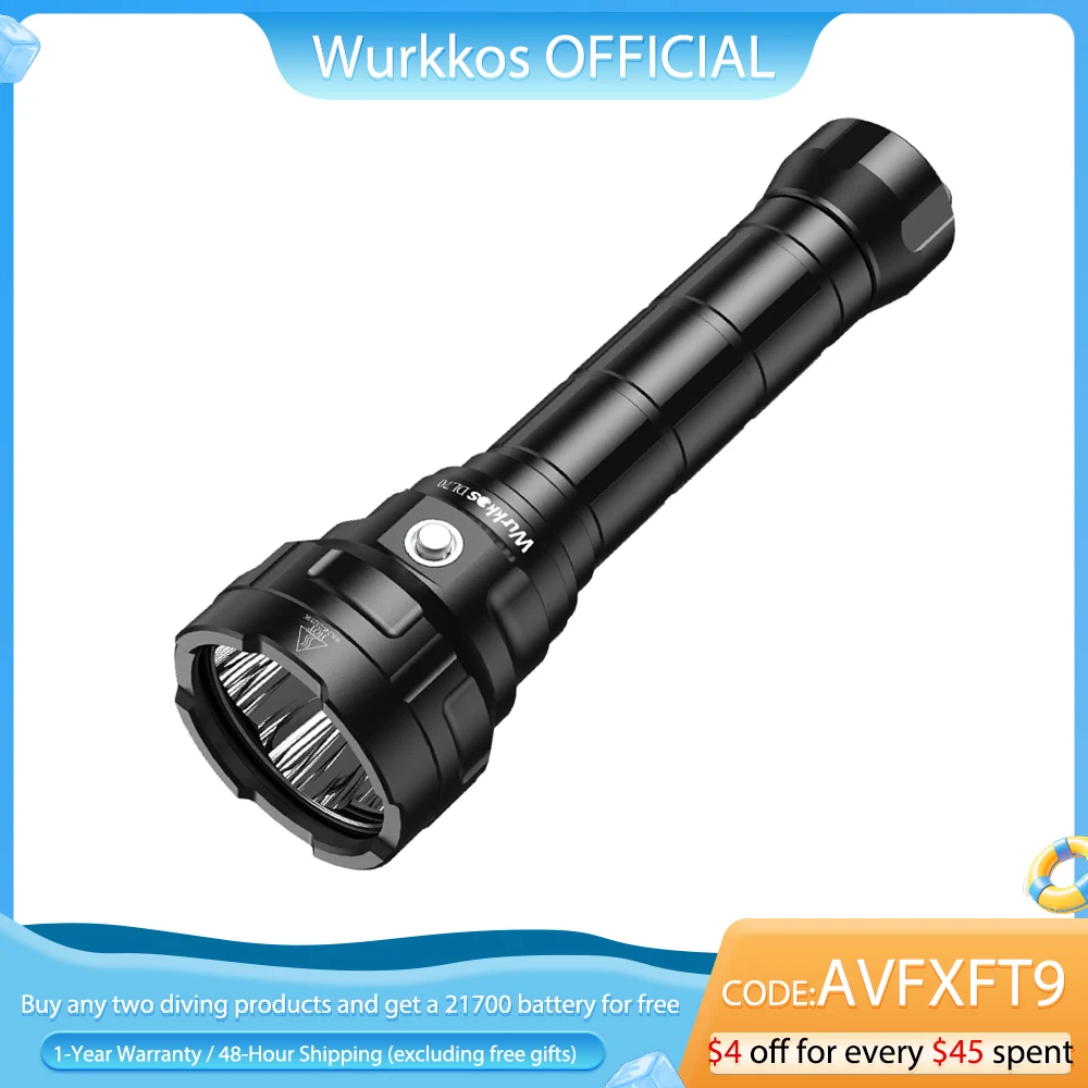مصباح غوص Wurkkos DL70 فائق السطوع مع بطارية مزدوجة 26650، 13000 لومن، مقاوم للماء IPX8، إضاءة LED مع 4*XHP50B، 4 أوضاع
