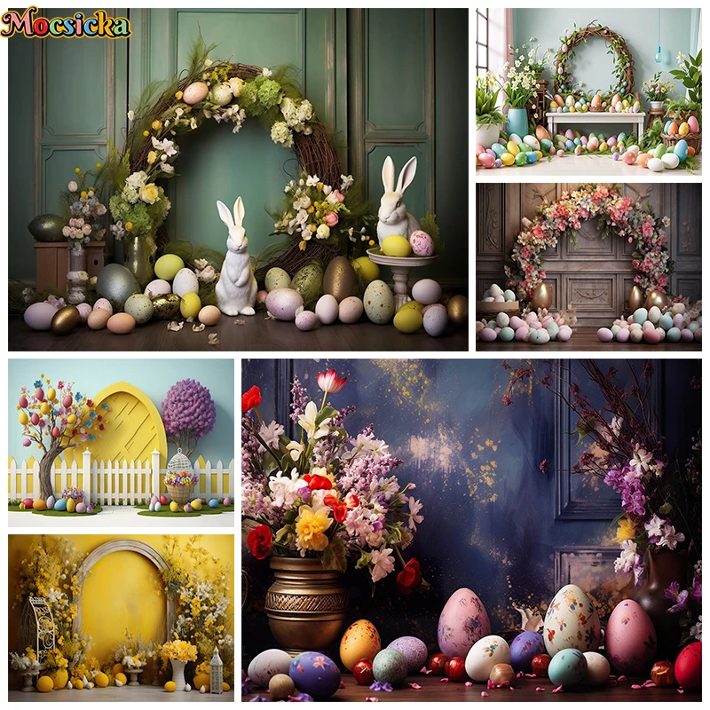 Mocsicka Sfondo Primaverile Fotografia Fiori Verdi Piante Egg Bunny Sfondo Pasquale Decorazioni Di Compleanno Baby Shower Photo Studio