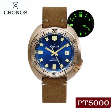

Cronos Turtle Diver Men's Watches Bronze Automatic PT5000 Movment Rotating Bezel Sapphire Crystal Man Watch Leather Strap
