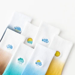 Gradient Tie-dye Color Designer Women Socks Embroidery Weather Cotton Crew Socks Japanese Kawaii Autumn and Winter Street Socks