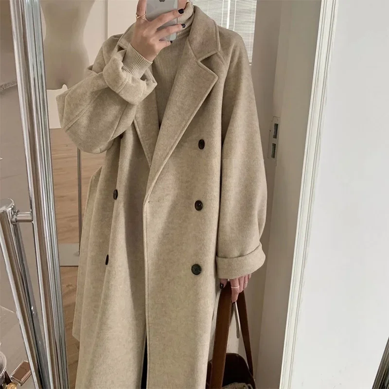 

Korean Woolen Coat Women's Autumn and Winter New Style Small Mid-length Loose Thick Hepburn Style Woolen Coat Coat