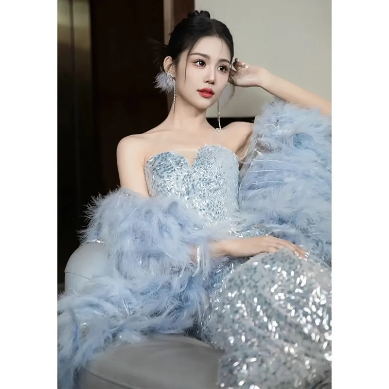 

Silver Light Luxury Minority New Banquet Bandeau Slim-Fit Fishtail Dress Bridal Toast