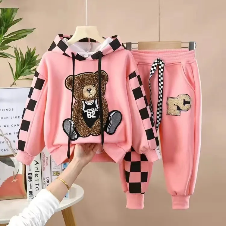 2-8 Jahre Frühling Herbst Mädchen Kleidungsset Cartoon Besticktes Bärenmuster Kapuzenpullover + Hose 2-teiliges Outfit für Kinder – Detail 9