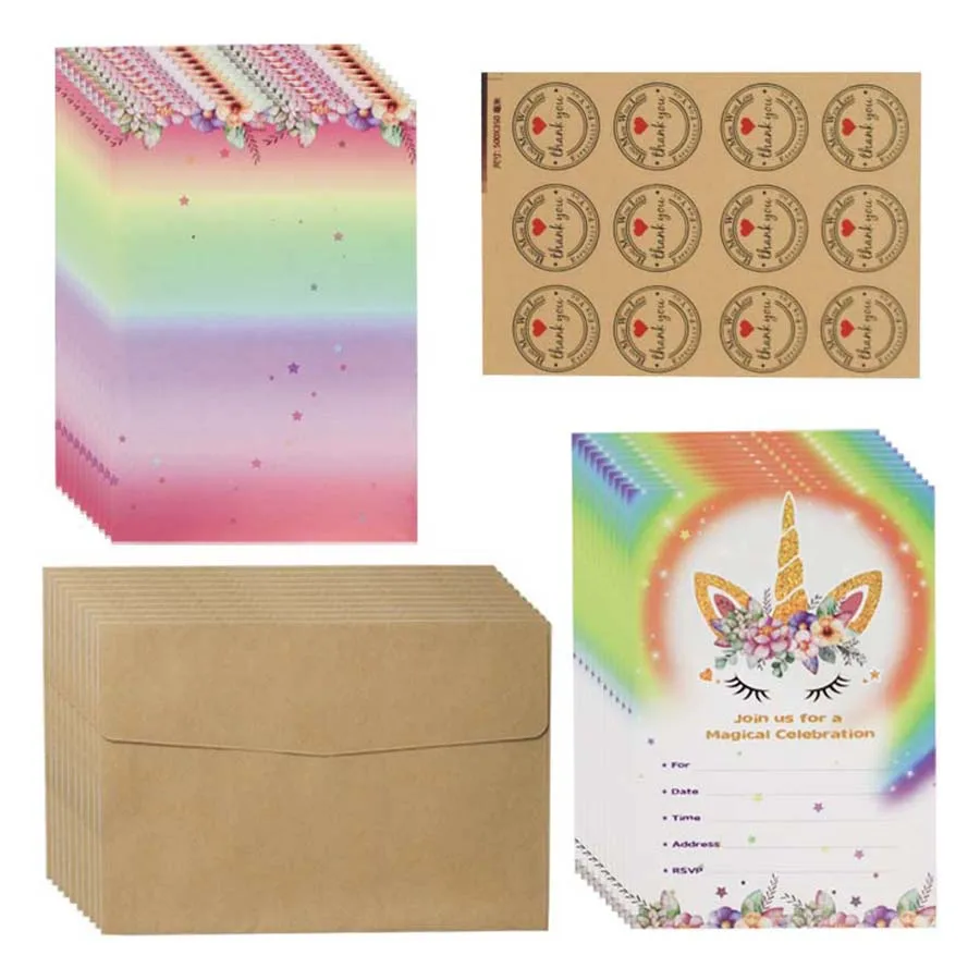 Unicorn Party Invitation Set Rainbow Unicorn Cards Envelopes and Stickers Ideal Baby Shower wedding party 10PCS greeting cards wedding invitations