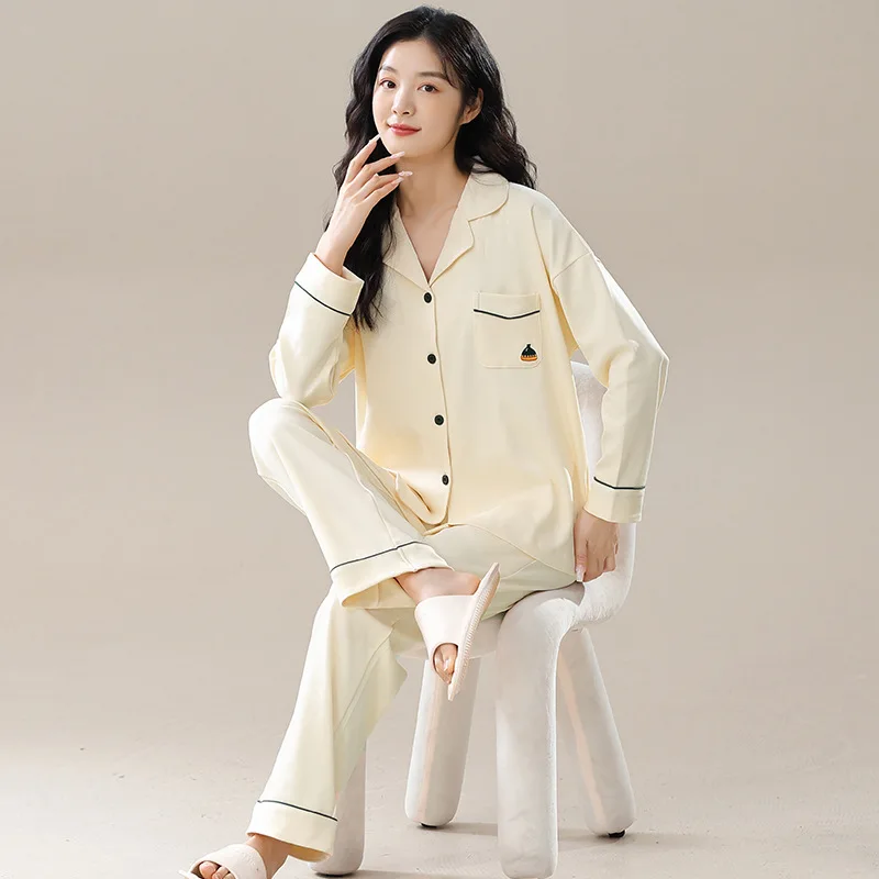 Spring Autumn Women's Pure Cotton Pajamas Set Fashion Flip Collar Long Sleeve Cardigan Casual Comfortable Oversized Home Suit