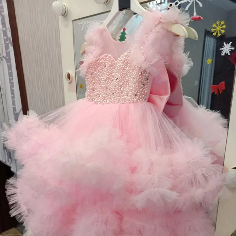 

Flower Girls Dresses Pink Tulle Puffy Pearls Pleat With Bow Sleeveless For Wedding Birthday Party First Communin Gowns