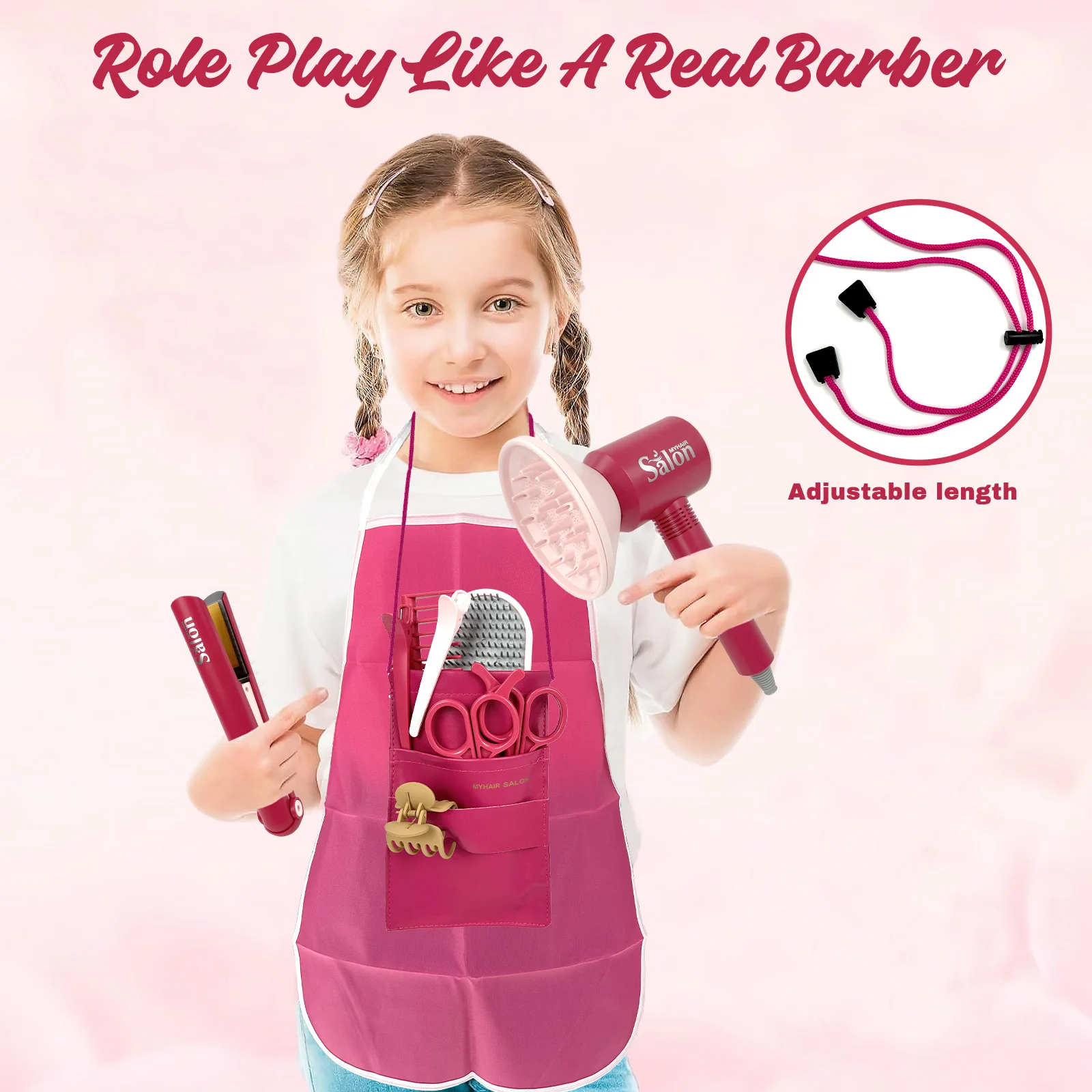 Girls Beauty Hair Salon Toy Kit Play Makeup Set with Blow Dryer Barber Costume Apron for 3+ Years Old Girl Birthday Gifts 3