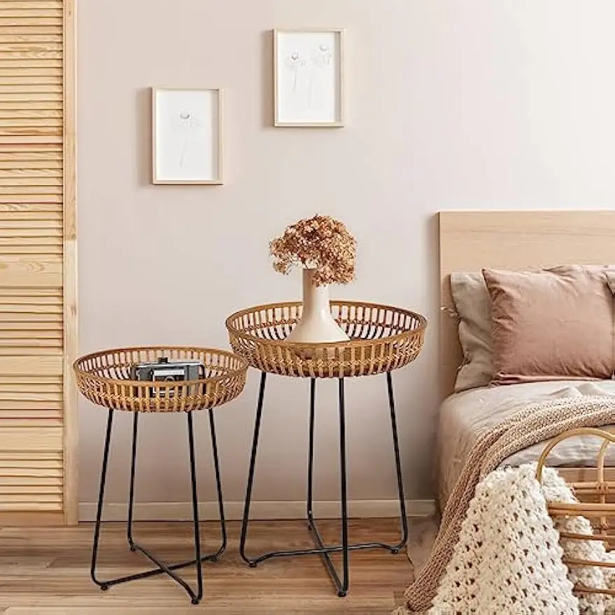 Comfort corner Rattan Side Table Nesting Tables Set of 2, Bamboo Round Coffee Table Metal Base End for Living Room