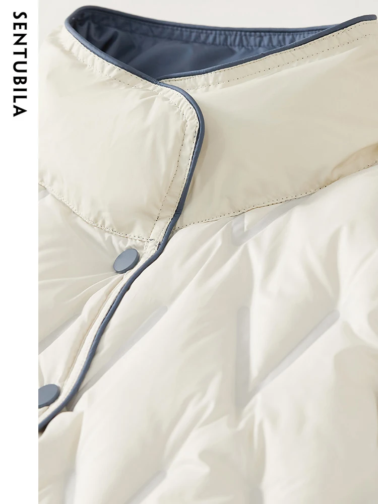 SENTUBILA Women's 90% White Duck Crop Down Jacket 2023 Winter Elegant Stand Collar Down Coat Reversible Wear Outwear W34Y49563