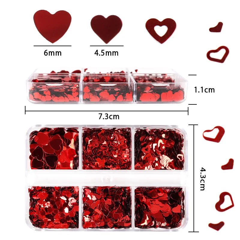 Valentines Day Mixed Love Heart Nail Glitter Red Flake Sequin Powder Decorative Accessories Professional Nail Art Supplies
