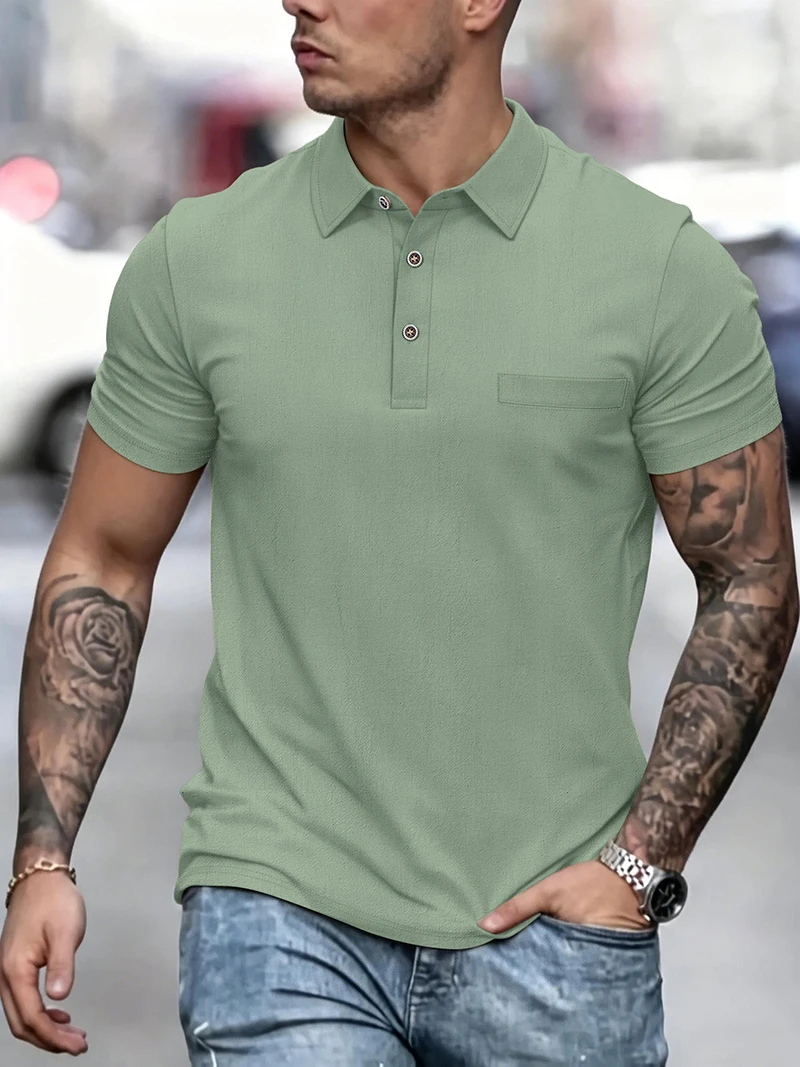 Polo da uomo in misto lino a maniche corte con abbottonatura, toppa sul petto, traspirante, casual, per golf, lavoro, uso quotidiano