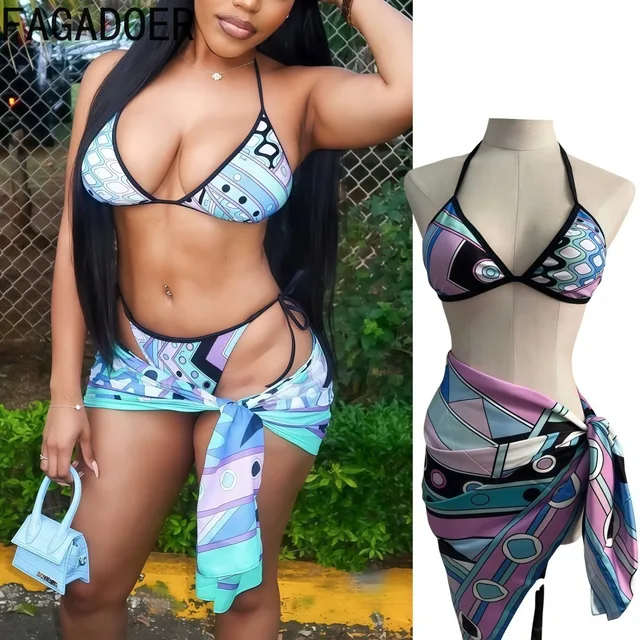 FAGADOER Sexy Bikinis Set 3 Piece Swimwear Woman 2025 Geometry Pattern Halter Backless Patchwork Tops +Underpants+ Lace Up Skirt 1